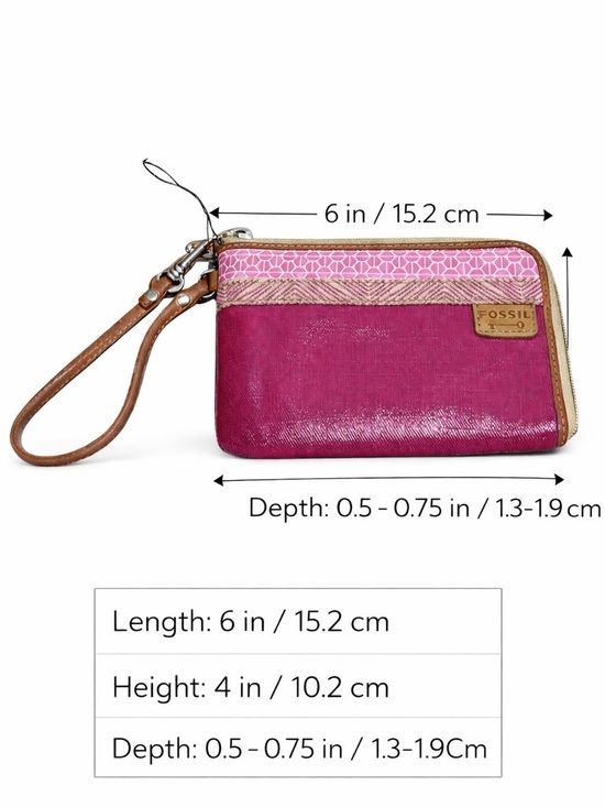 Fossil Key Per Pink Wristlet Wallet Zip Pouch Leather Trim - Picture 2 of 6